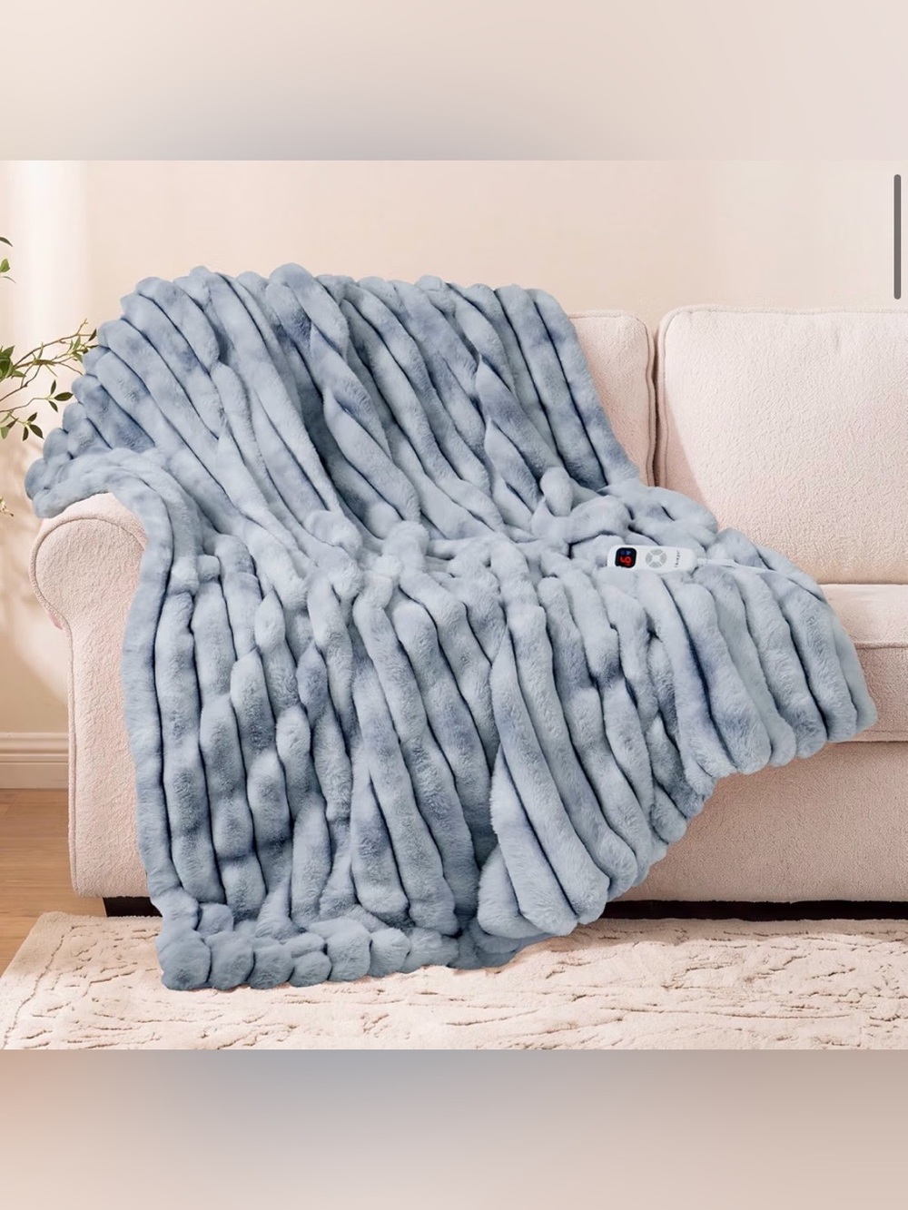 Heated Throw Faux Rabbit Fur with VELVET Reverse - BLUE